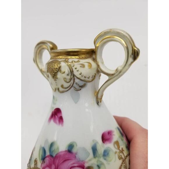 Antique Nippon Vase, Moriage Hand Painted, Pink Roses, (Repaired) - Picture 6 of 8